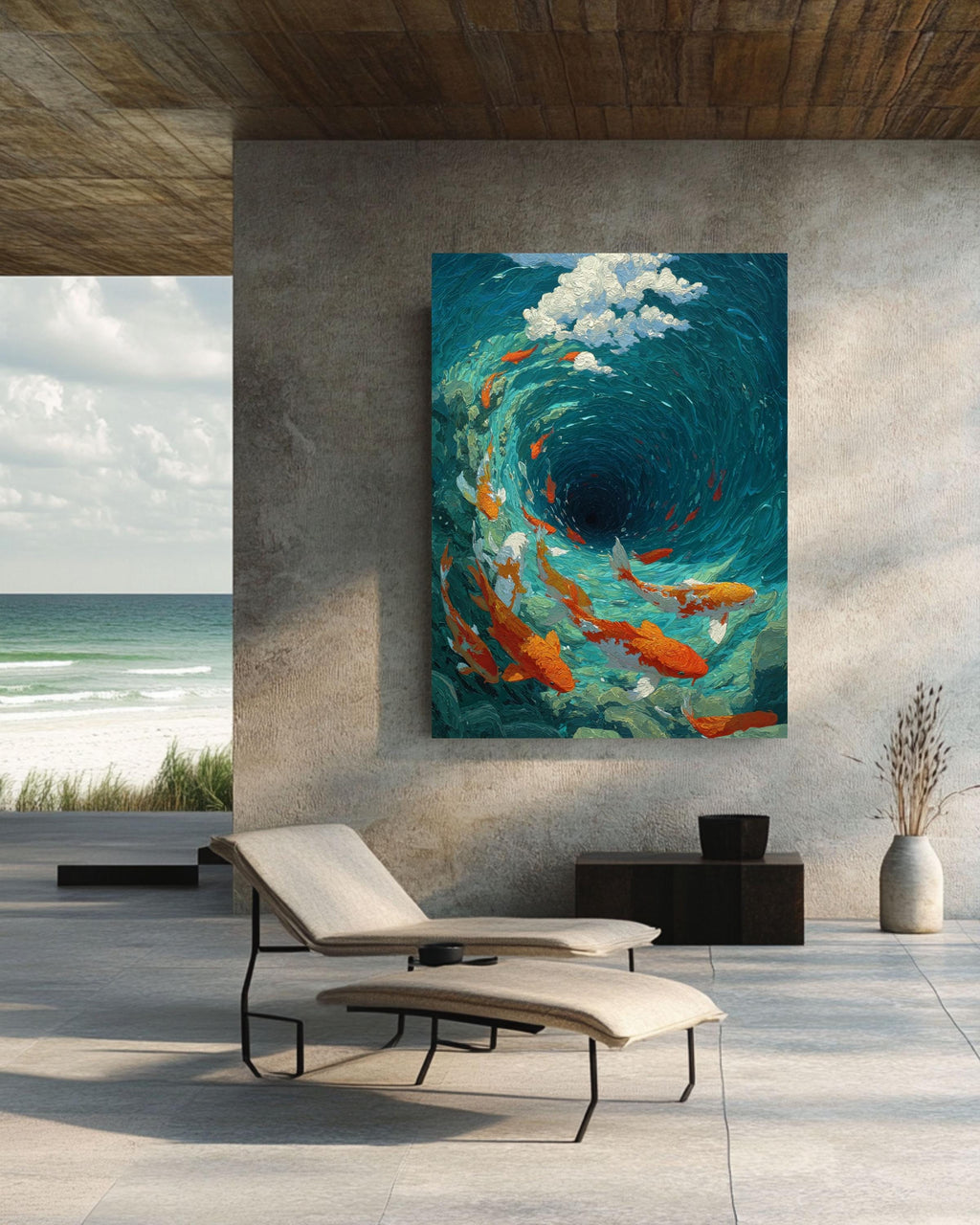 Koi Fish Vortex Canvas Print, Teal Japanese Asian Wall Art
