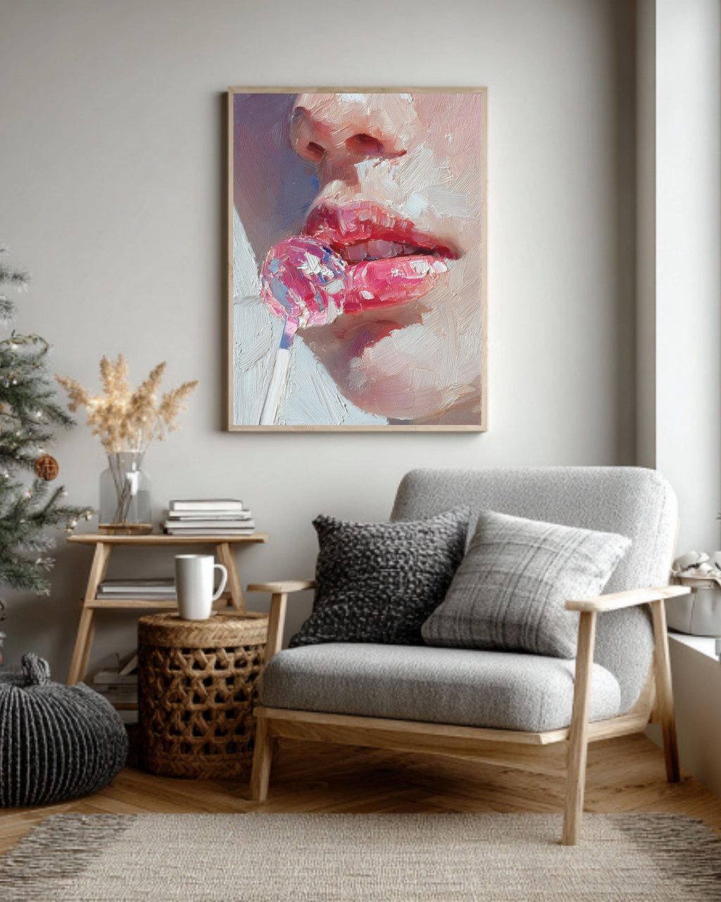 Impasto Pink Lips Lollipop Canvas Art: Modern Pop Painting