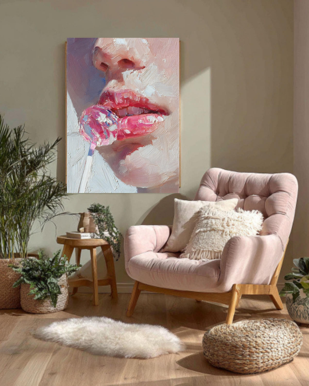Impasto Pink Lips Lollipop Canvas Art: Modern Pop Painting