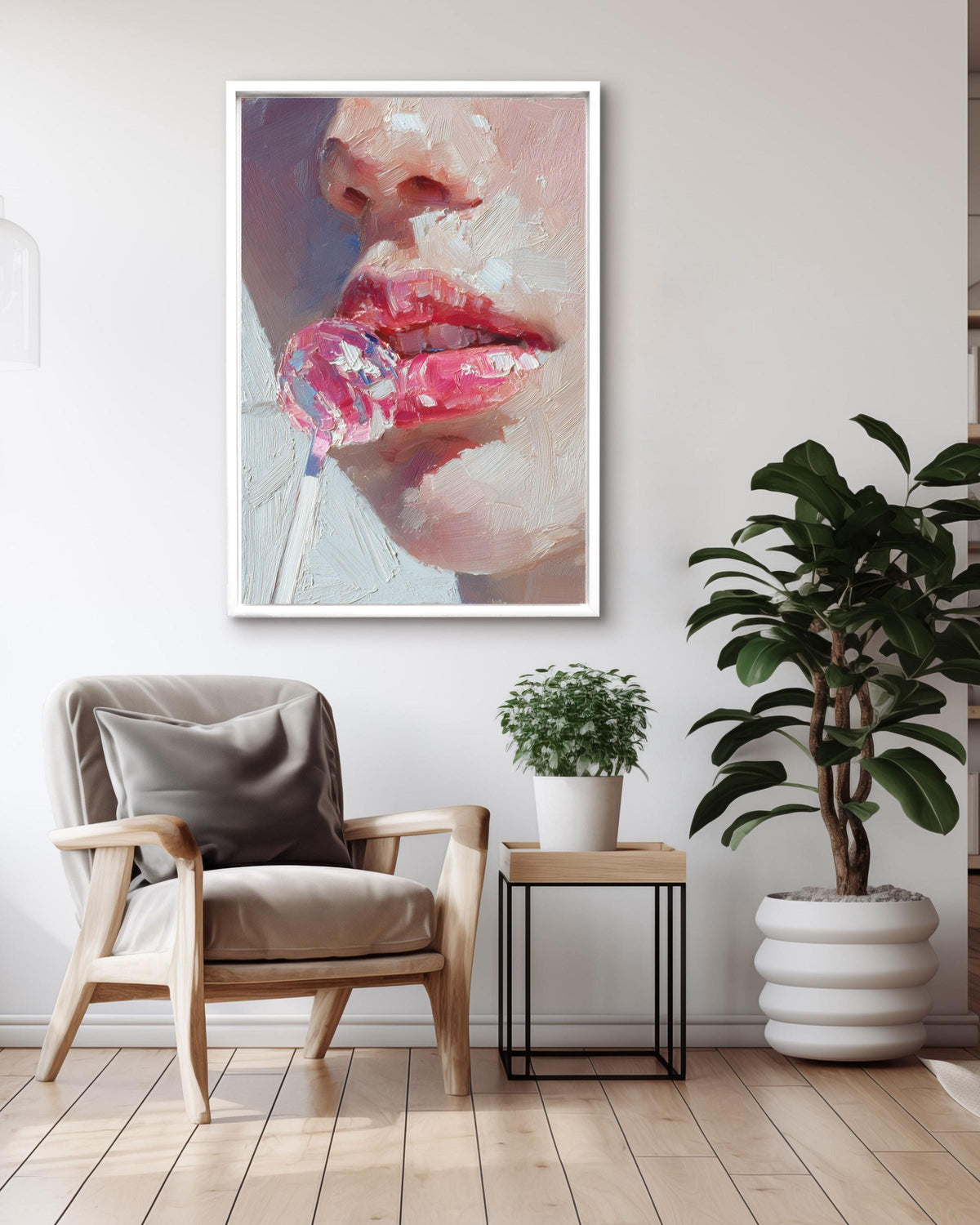 Impasto Pink Lips Lollipop Canvas Art: Modern Pop Painting