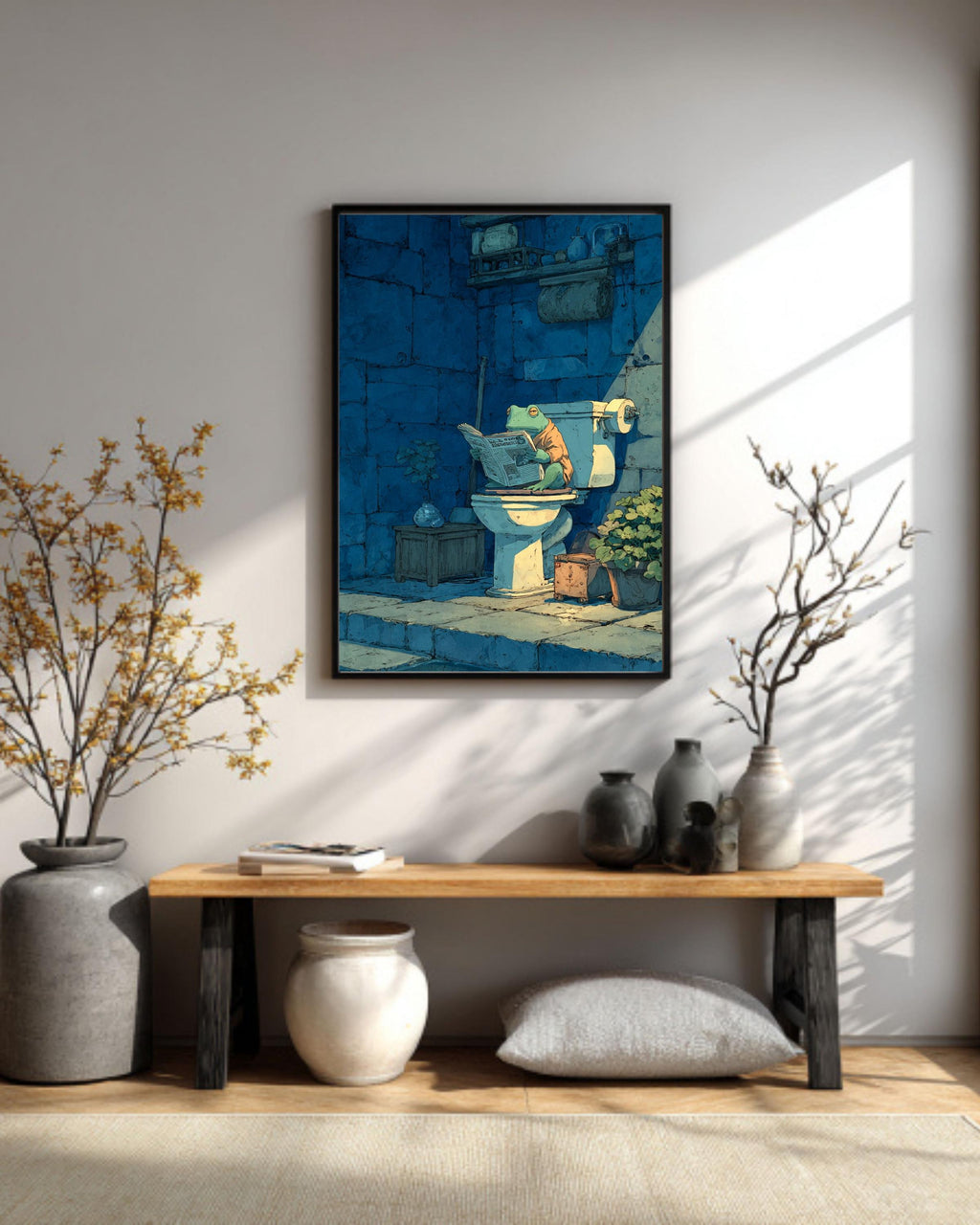 Frog on Toilet Canvas Art: Funny Bathroom Woodblock Print