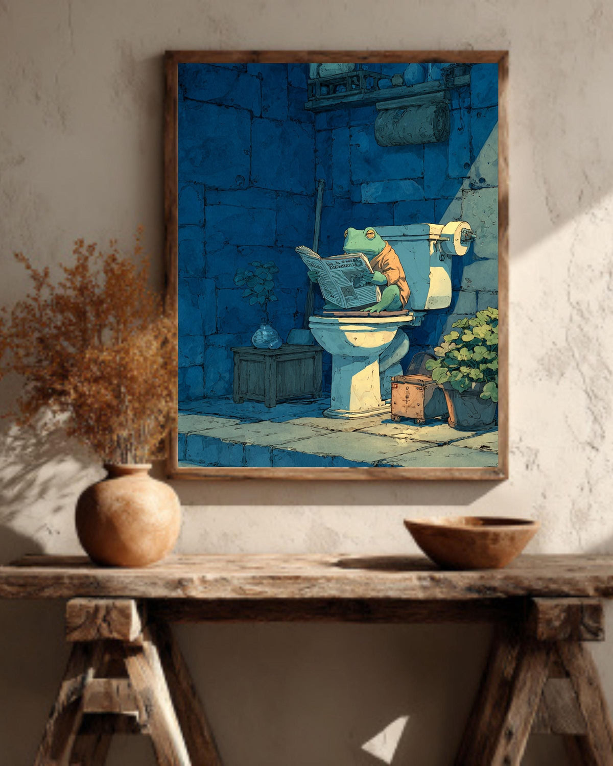 Frog on Toilet Canvas Art: Funny Bathroom Woodblock Print