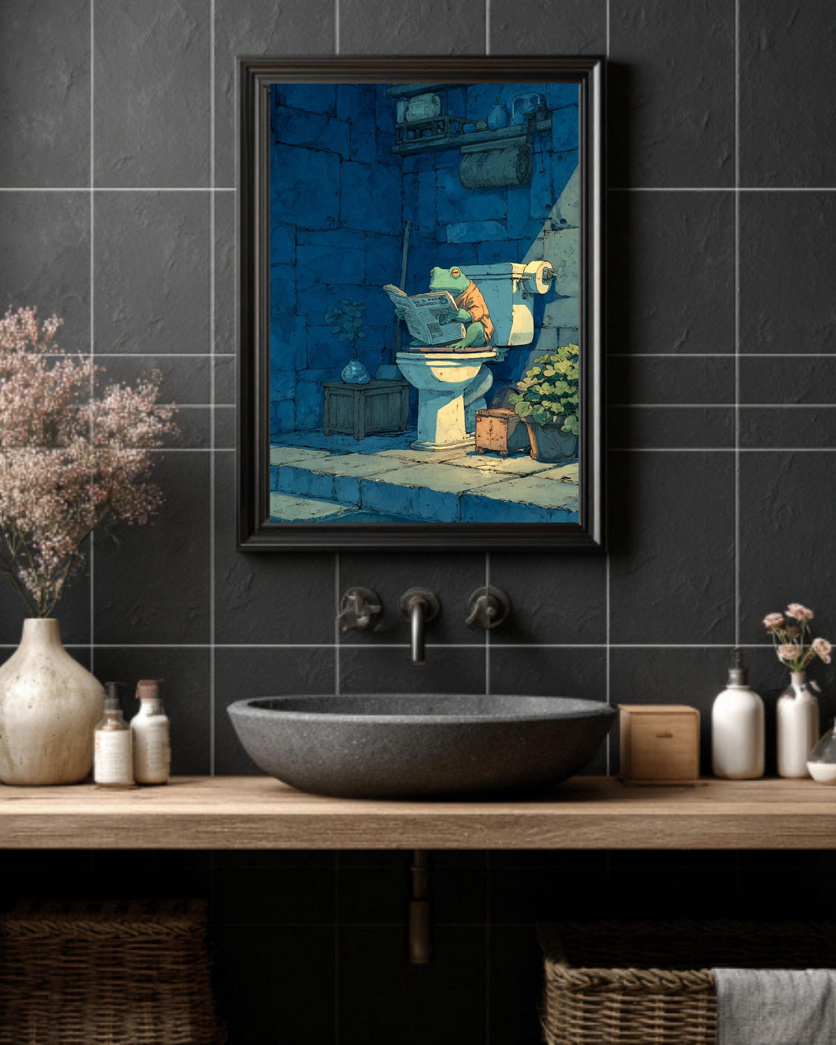 Frog on Toilet Canvas Art: Funny Bathroom Woodblock Print