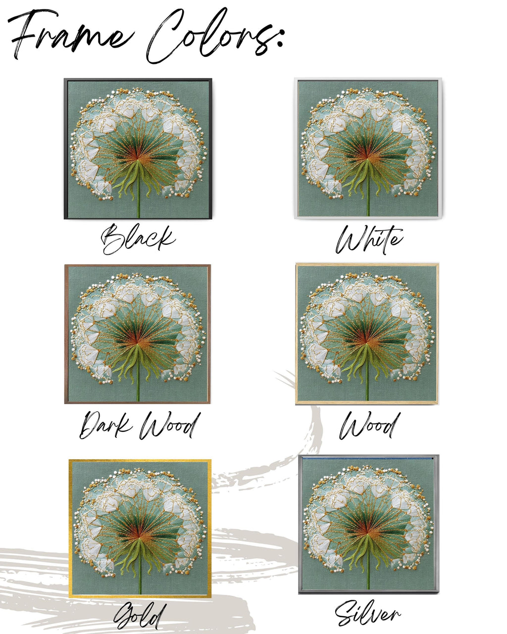 Embroidered Dandelion Canvas Print, Detailed Floral Wall Art, Botanical Nature Decor, Green Gold Thread Texture