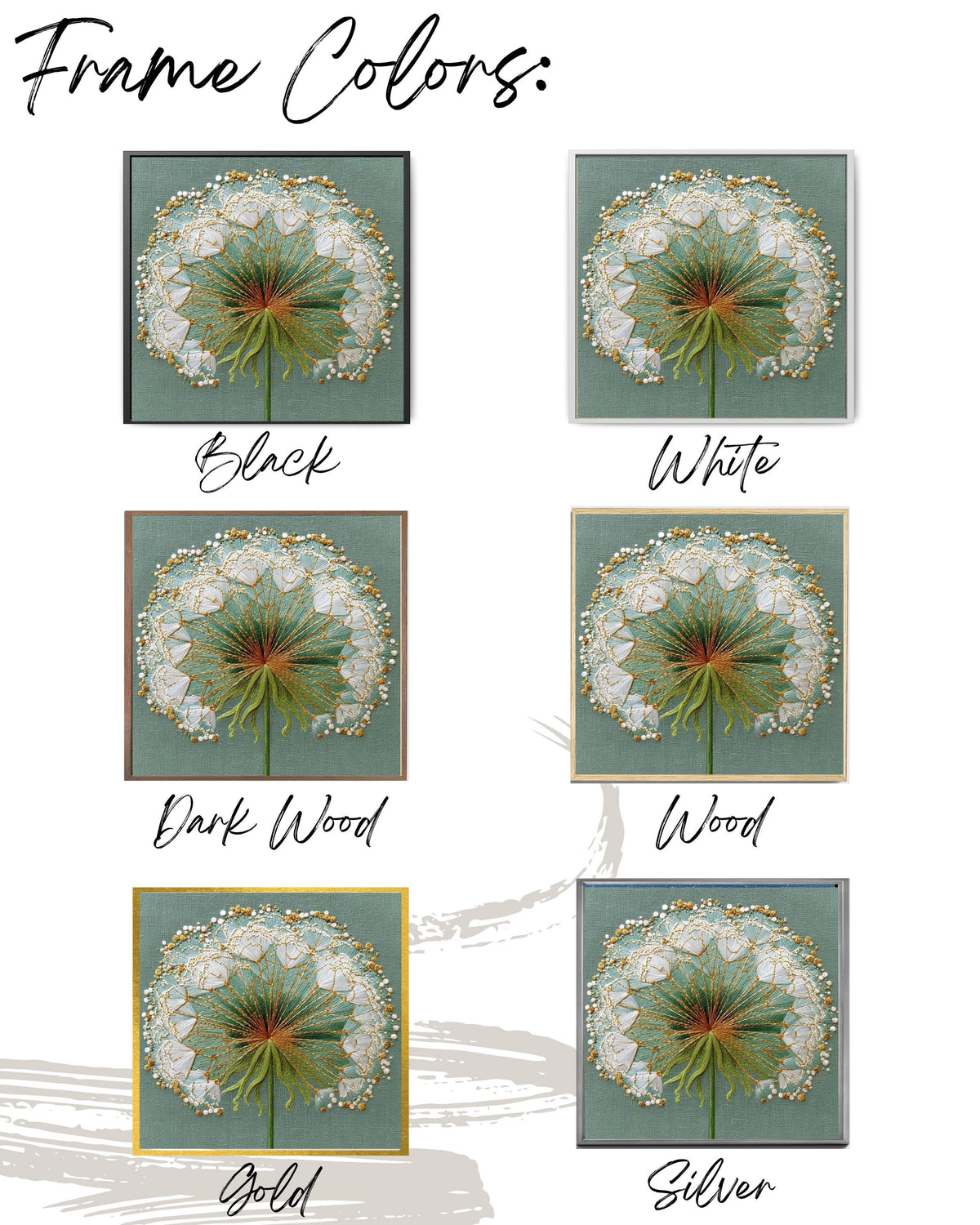 Embroidered Dandelion Canvas Print, Detailed Floral Wall Art, Botanical Nature Decor, Green Gold Thread Texture