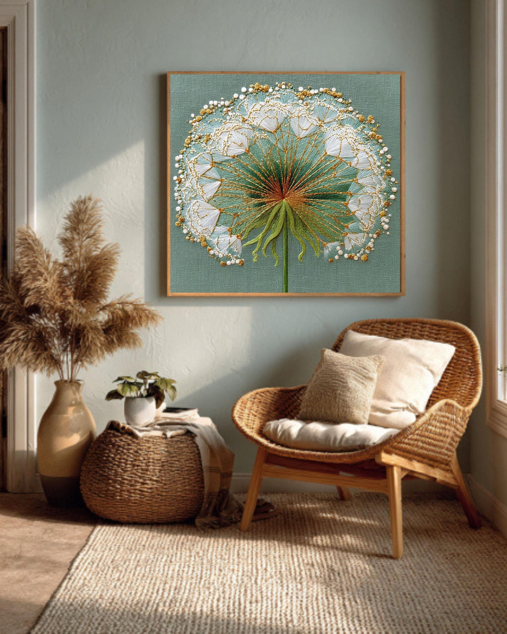 Embroidered Dandelion Canvas Print, Detailed Floral Wall Art, Botanical Nature Decor, Green Gold Thread Texture