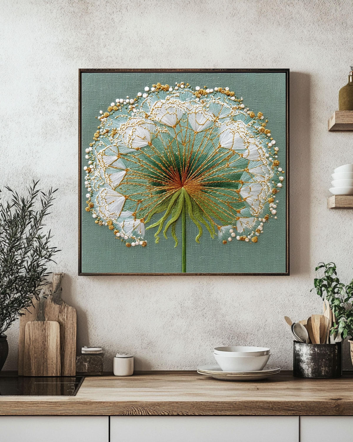 Embroidered Dandelion Canvas Print, Detailed Floral Wall Art, Botanical Nature Decor, Green Gold Thread Texture