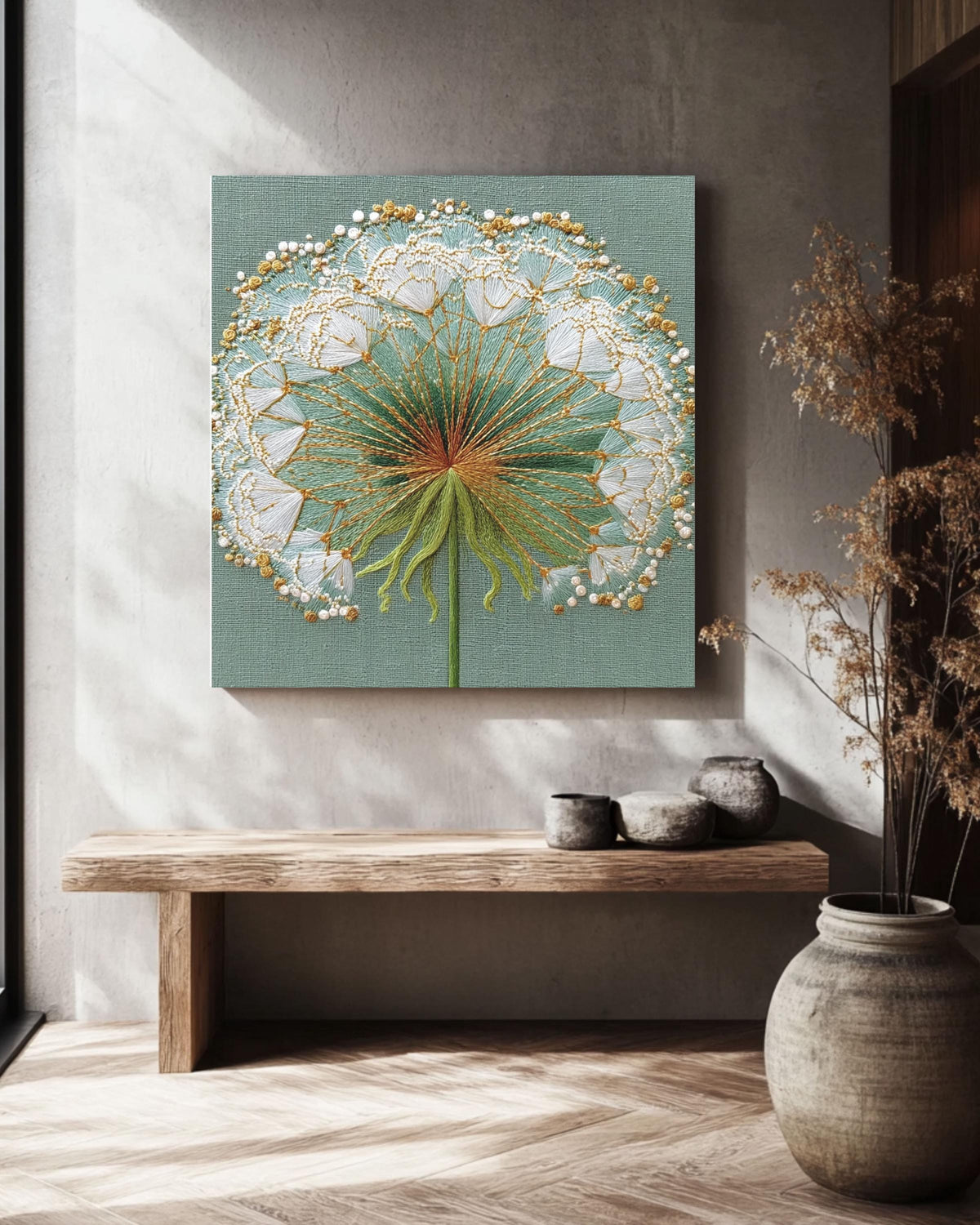 Embroidered Dandelion Canvas Print, Detailed Floral Wall Art, Botanical Nature Decor, Green Gold Thread Texture