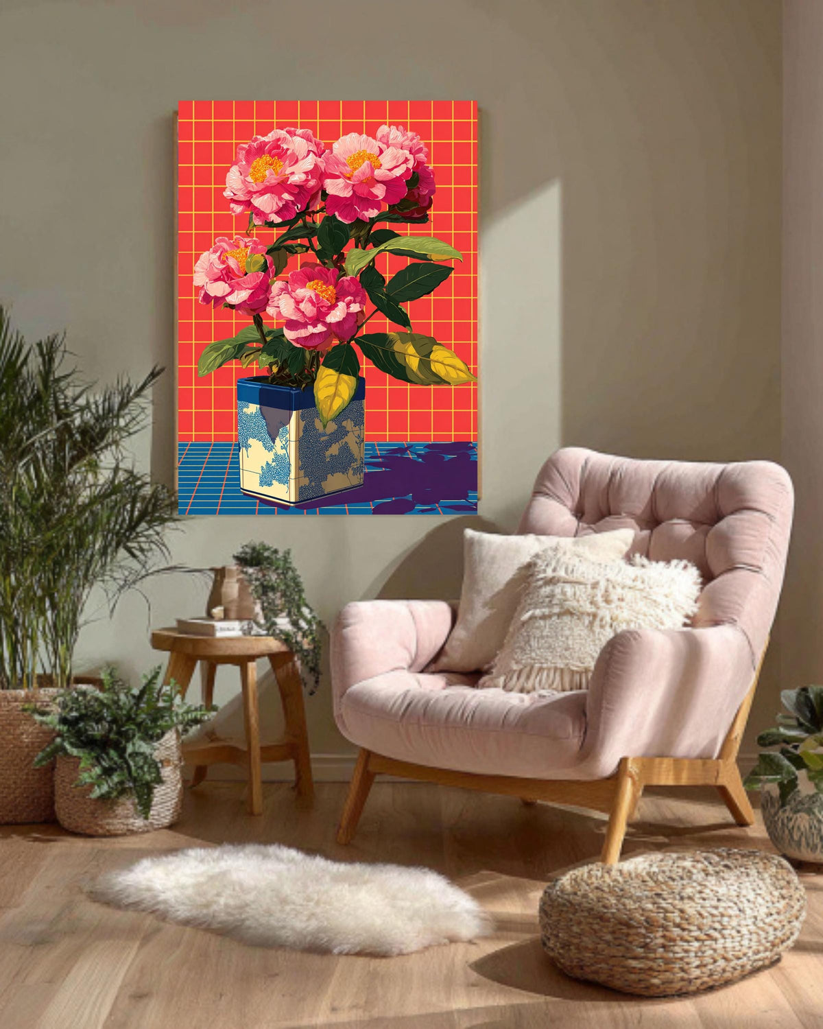 Neon Pink Peonies Print, Retro Pop Art Floral Canvas, Vibrant Grid Background, Aesthetic 80s Style Wall Art