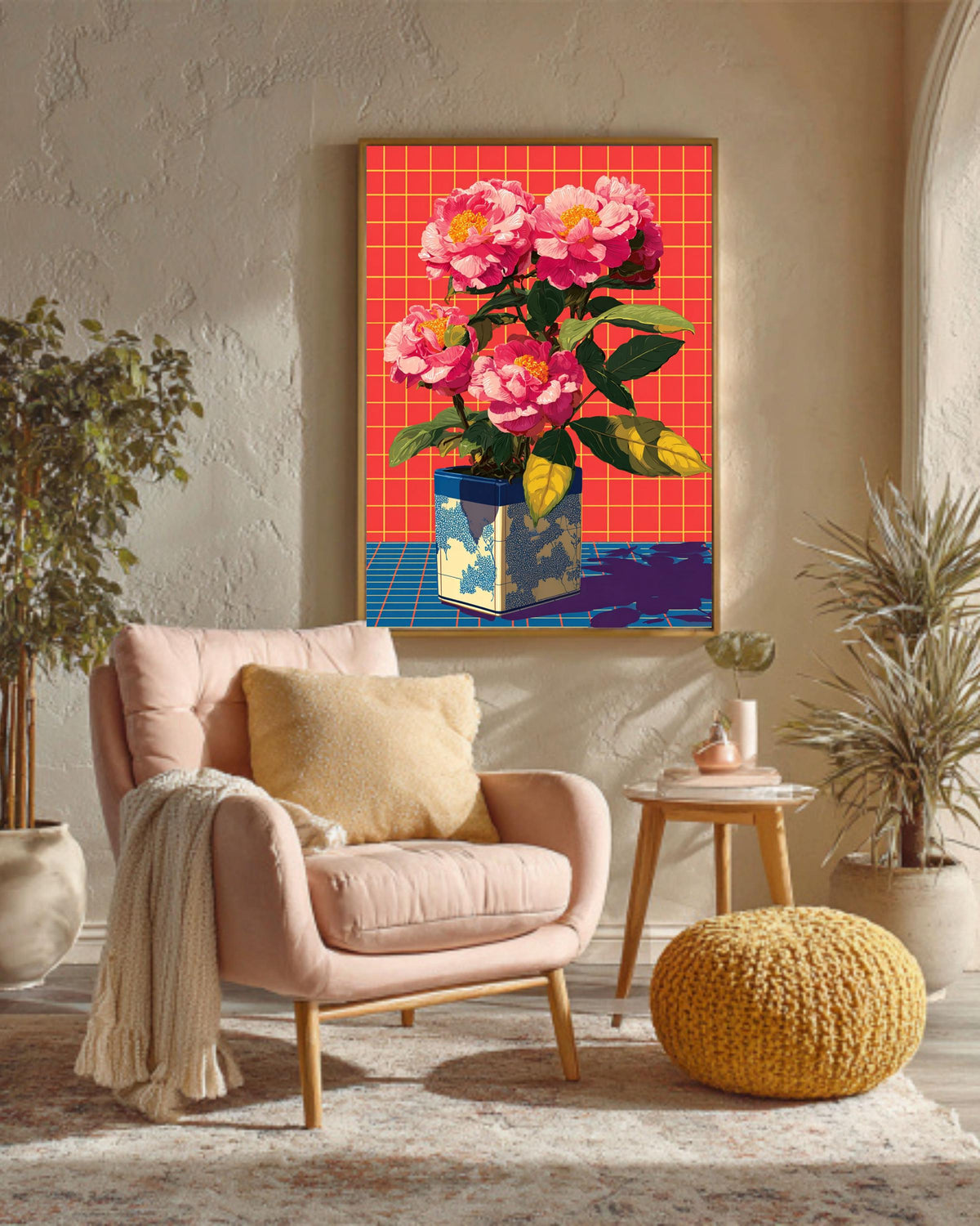 Neon Pink Peonies Print, Retro Pop Art Floral Canvas, Vibrant Grid Background, Aesthetic 80s Style Wall Art