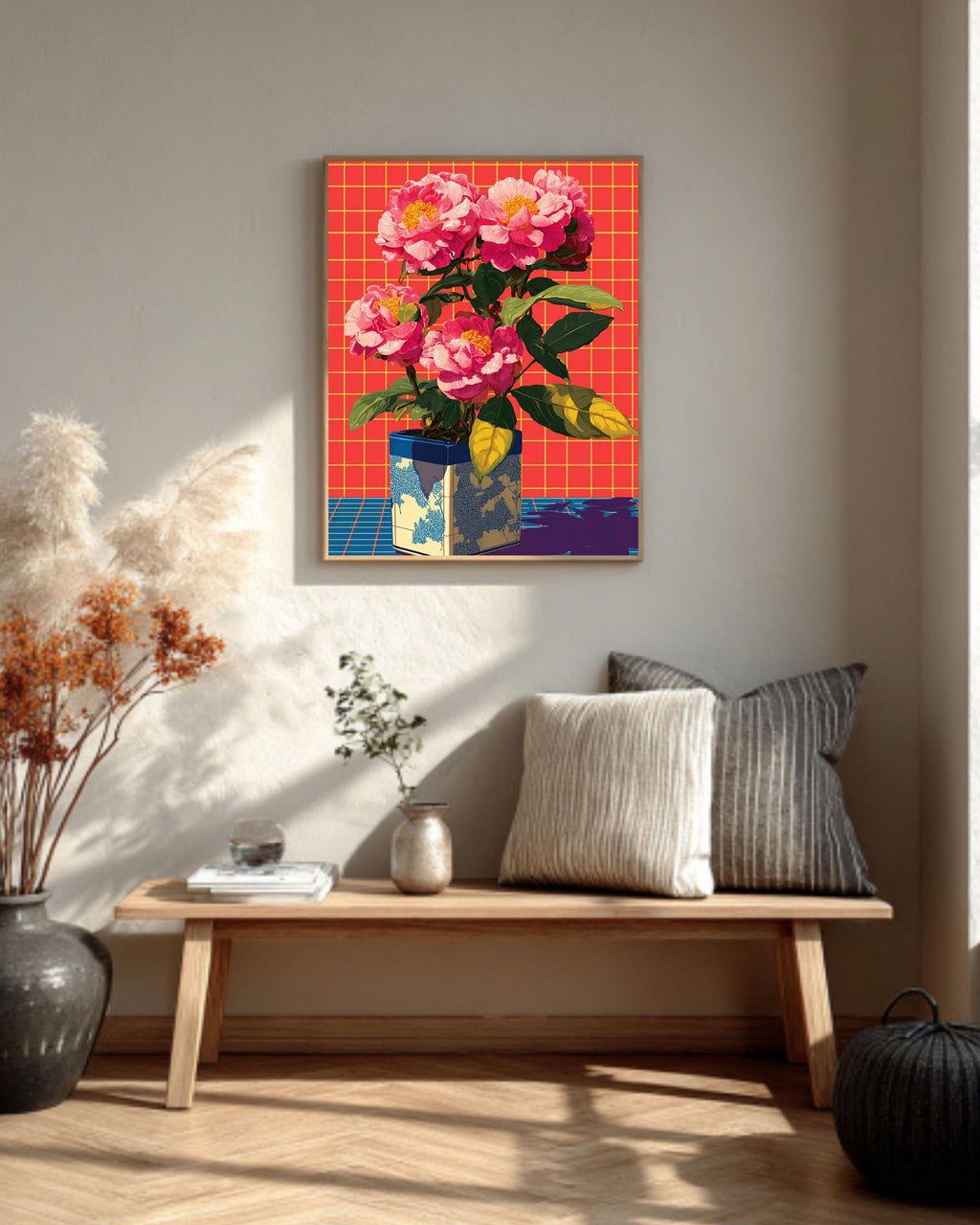 Neon Pink Peonies Print, Retro Pop Art Floral Canvas, Vibrant Grid Background, Aesthetic 80s Style Wall Art