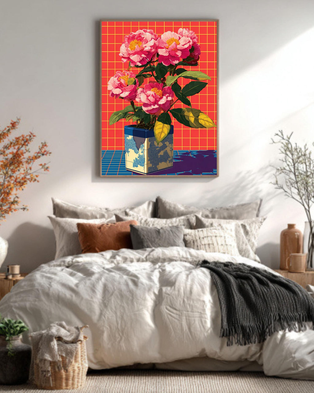 Neon Pink Peonies Print, Retro Pop Art Floral Canvas, Vibrant Grid Background, Aesthetic 80s Style Wall Art