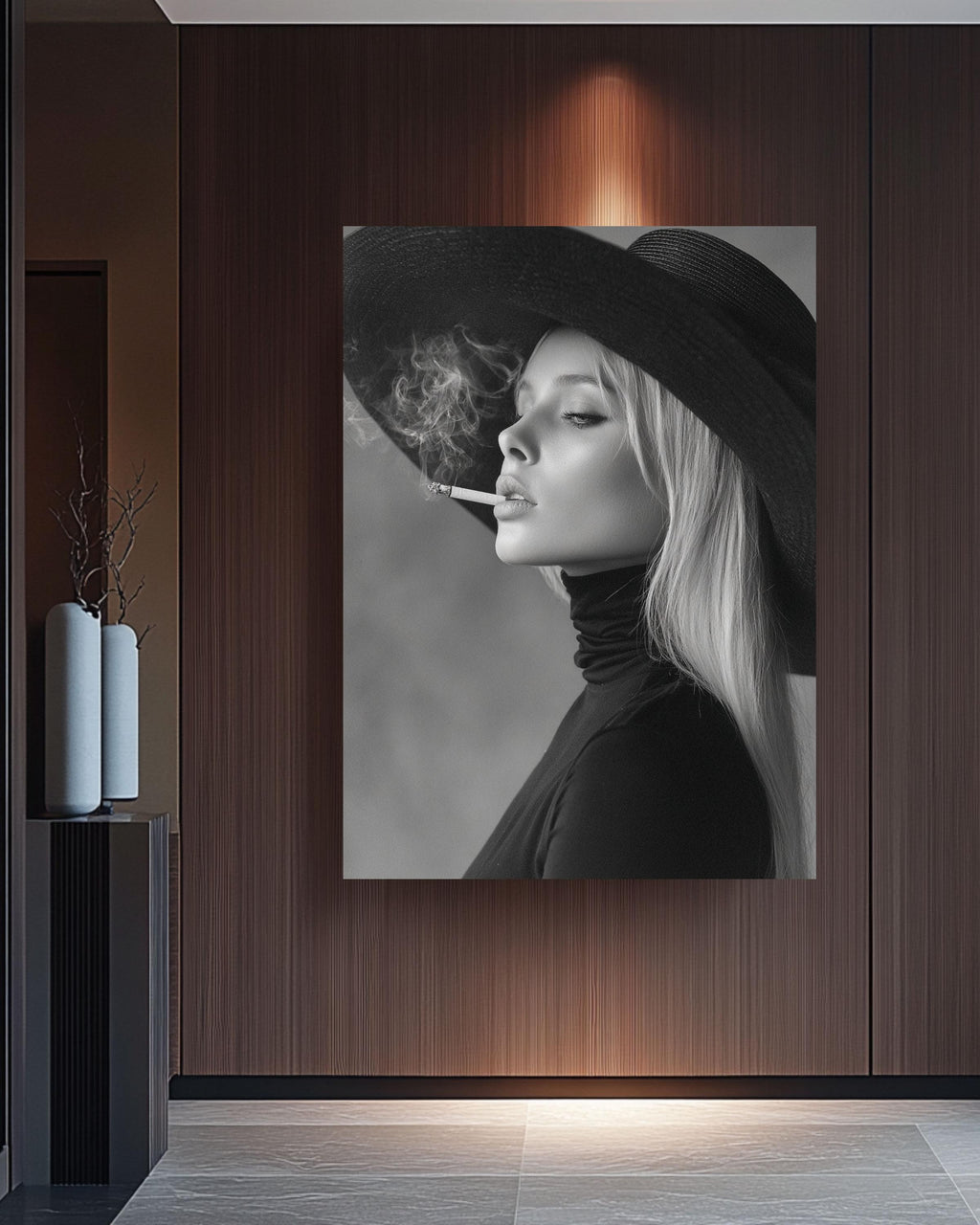 Minimalist Black White Portrait, Elegant Woman in Hat Photo Print, Classic Hollywood Style Wall Art, Chic Decor