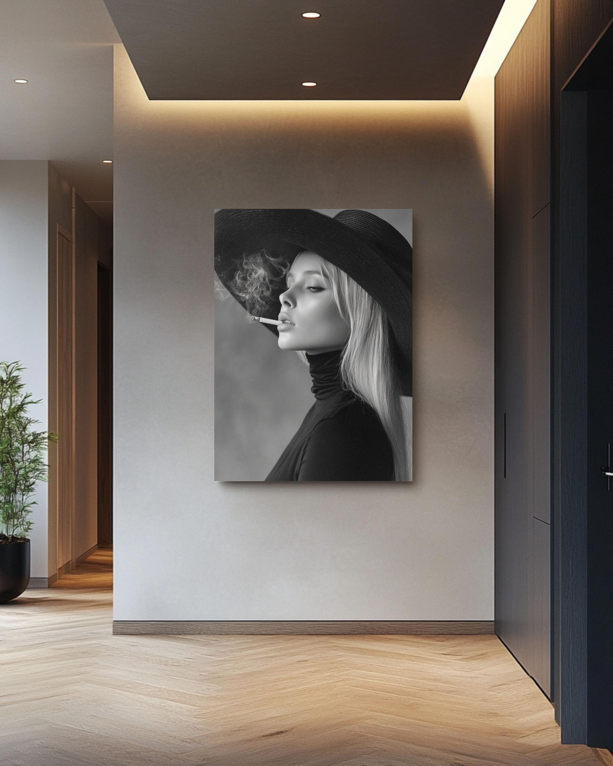 Minimalist Black White Portrait, Elegant Woman in Hat Photo Print, Classic Hollywood Style Wall Art, Chic Decor