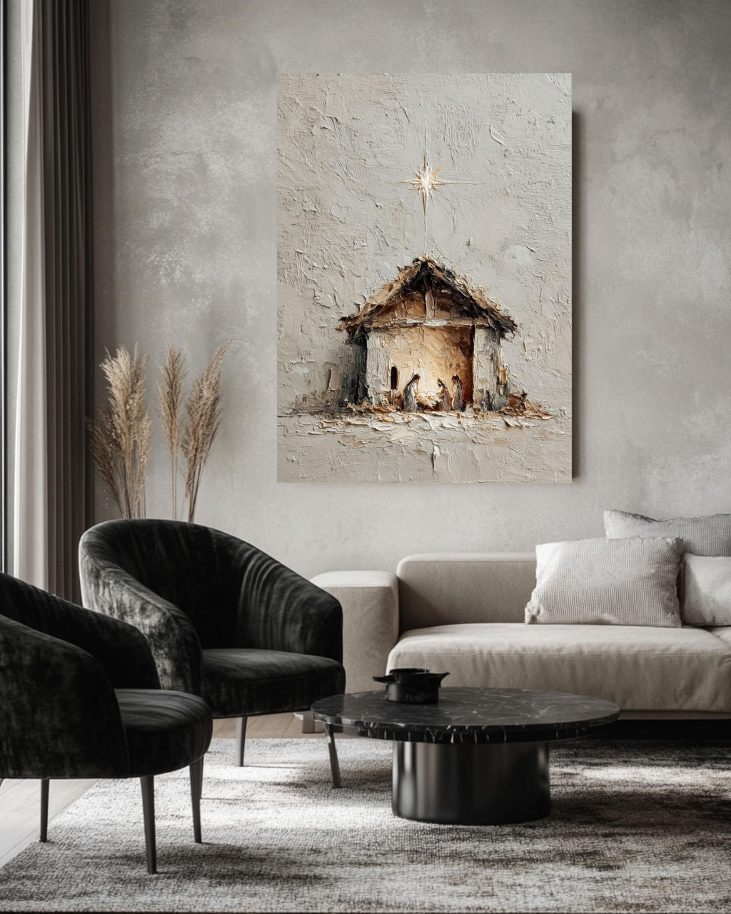 Impasto Nativity Scene Canvas, Minimalist Christmas Art Print