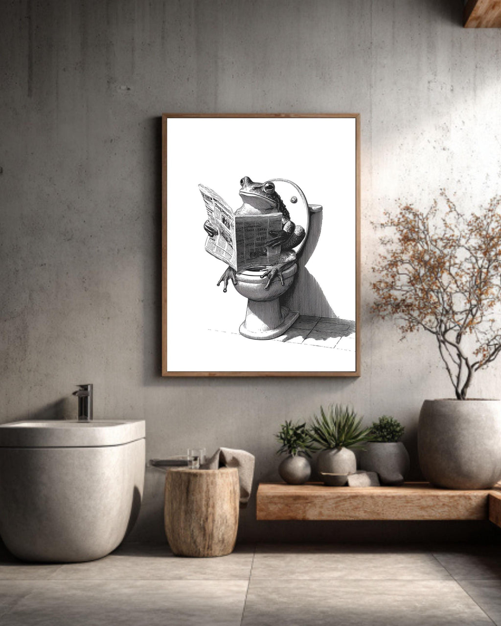 Frog on Toilet Canvas Print, Funny Bathroom Art, Vintage Engraving Style, Humorous Animal Reading Newspaper