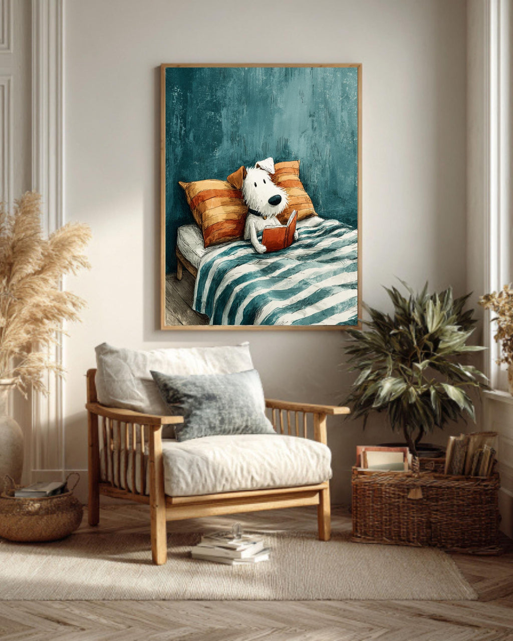 Cute Dog Reading Book Canvas Print, Cozy Kids Room Art, Whimsical Animal Illustration, Blue Orange Bedroom Decor