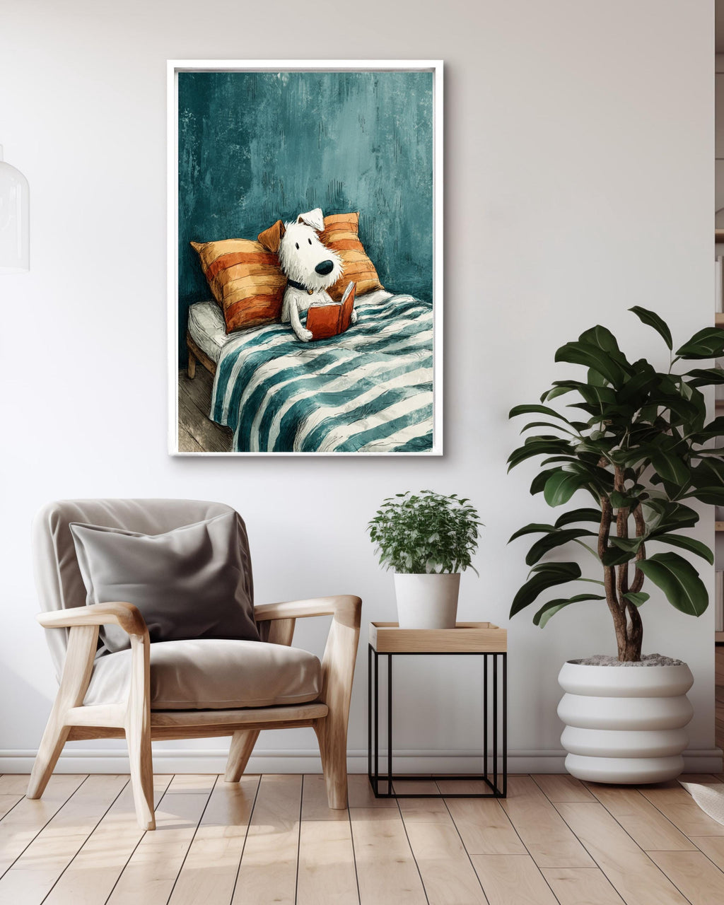 Cute Dog Reading Book Canvas Print, Cozy Kids Room Art, Whimsical Animal Illustration, Blue Orange Bedroom Decor