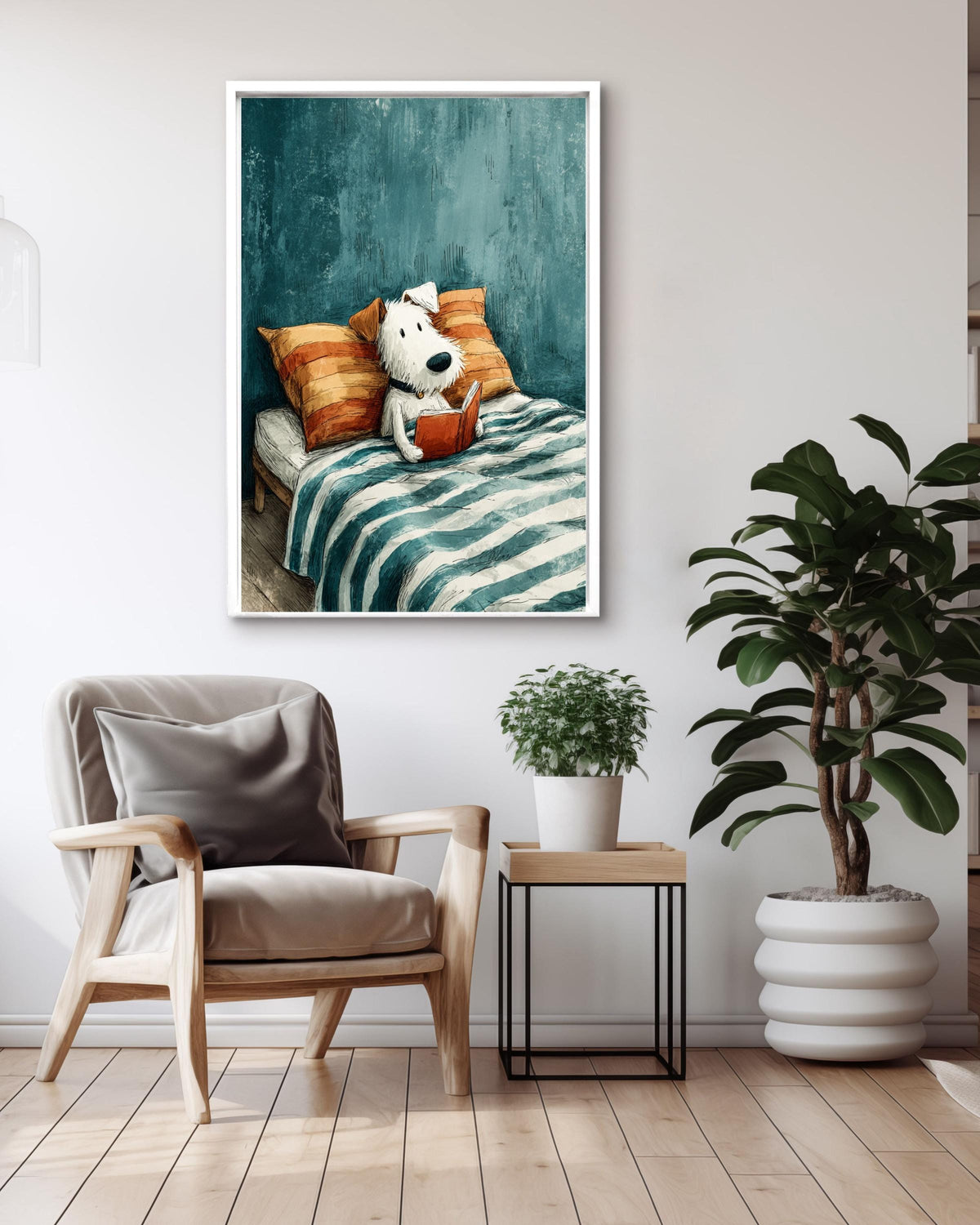 Cute Dog Reading Book Canvas Print, Cozy Kids Room Art, Whimsical Animal Illustration, Blue Orange Bedroom Decor