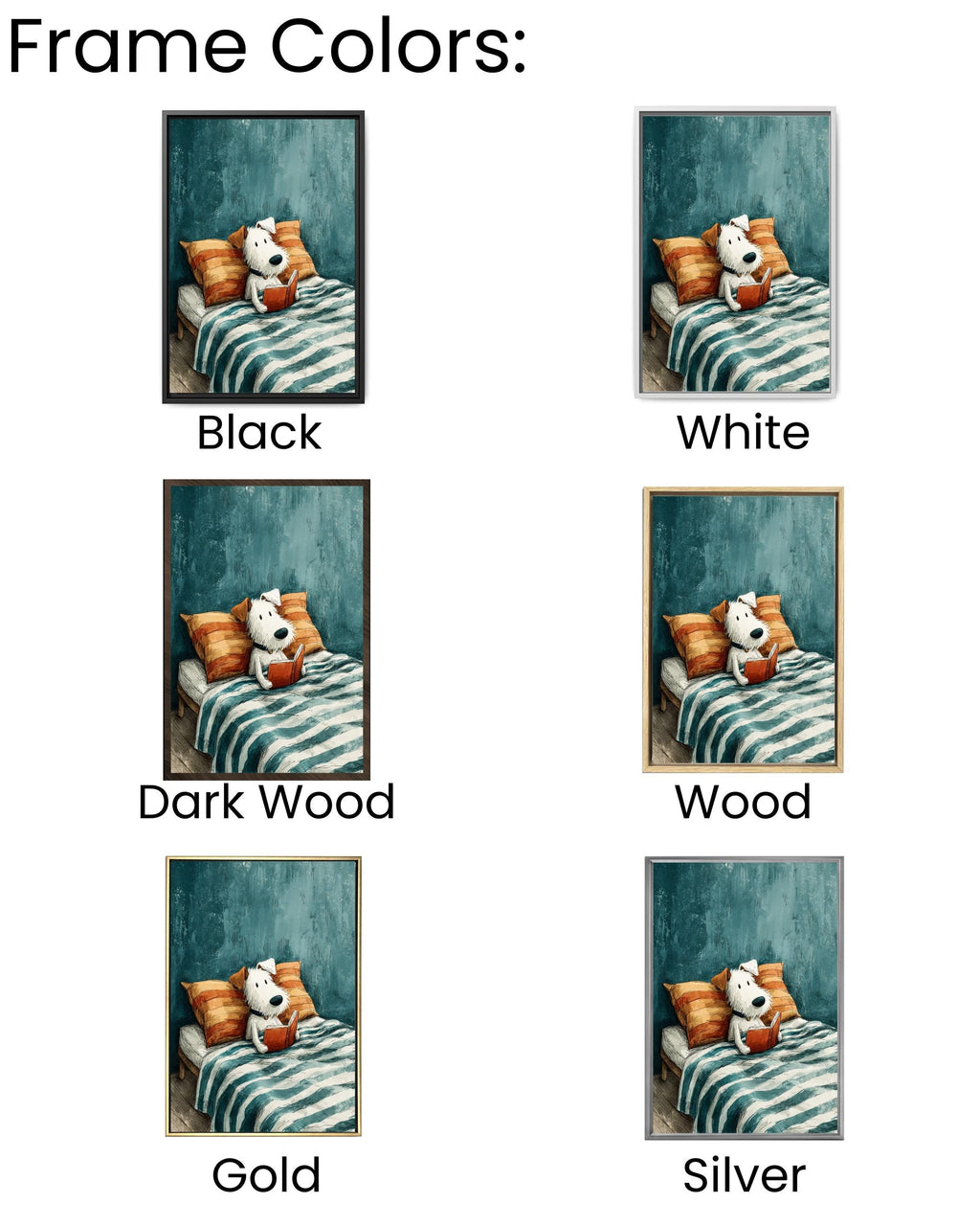 Cute Dog Reading Book Canvas Print, Cozy Kids Room Art, Whimsical Animal Illustration, Blue Orange Bedroom Decor