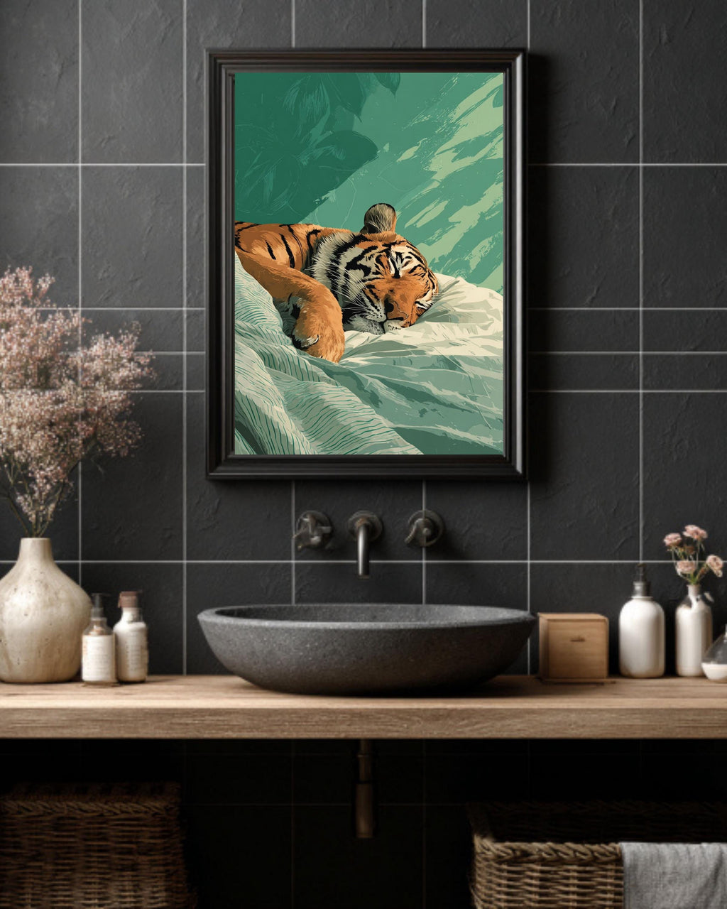 Japandi Sleeping Tiger Canvas Print | Minimalist Bedroom Wall Art