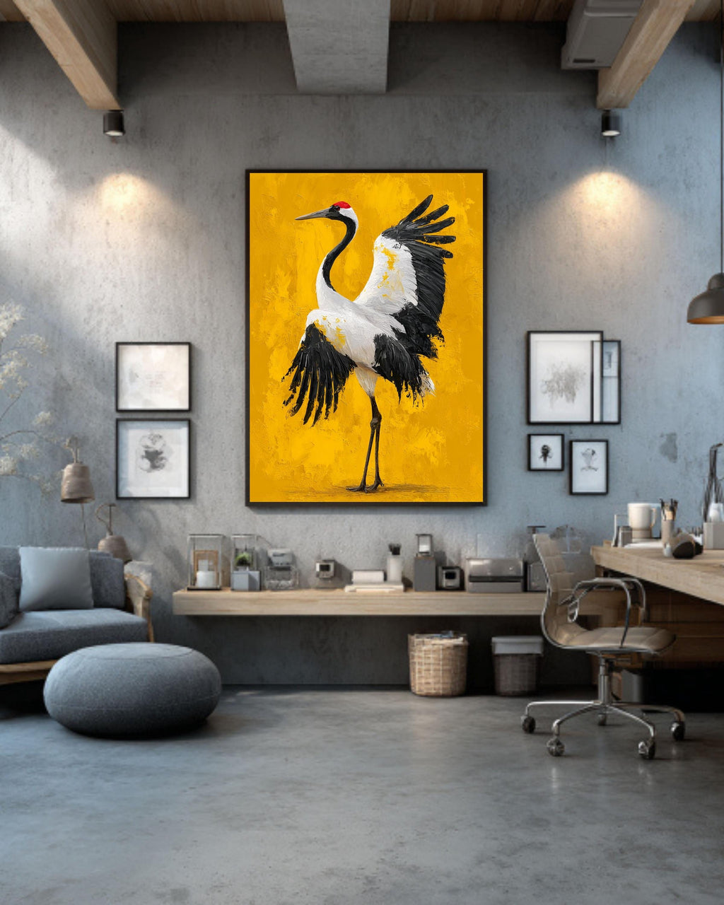 Red-Crowned Crane Canvas Art | Japanese Oil Painting Style