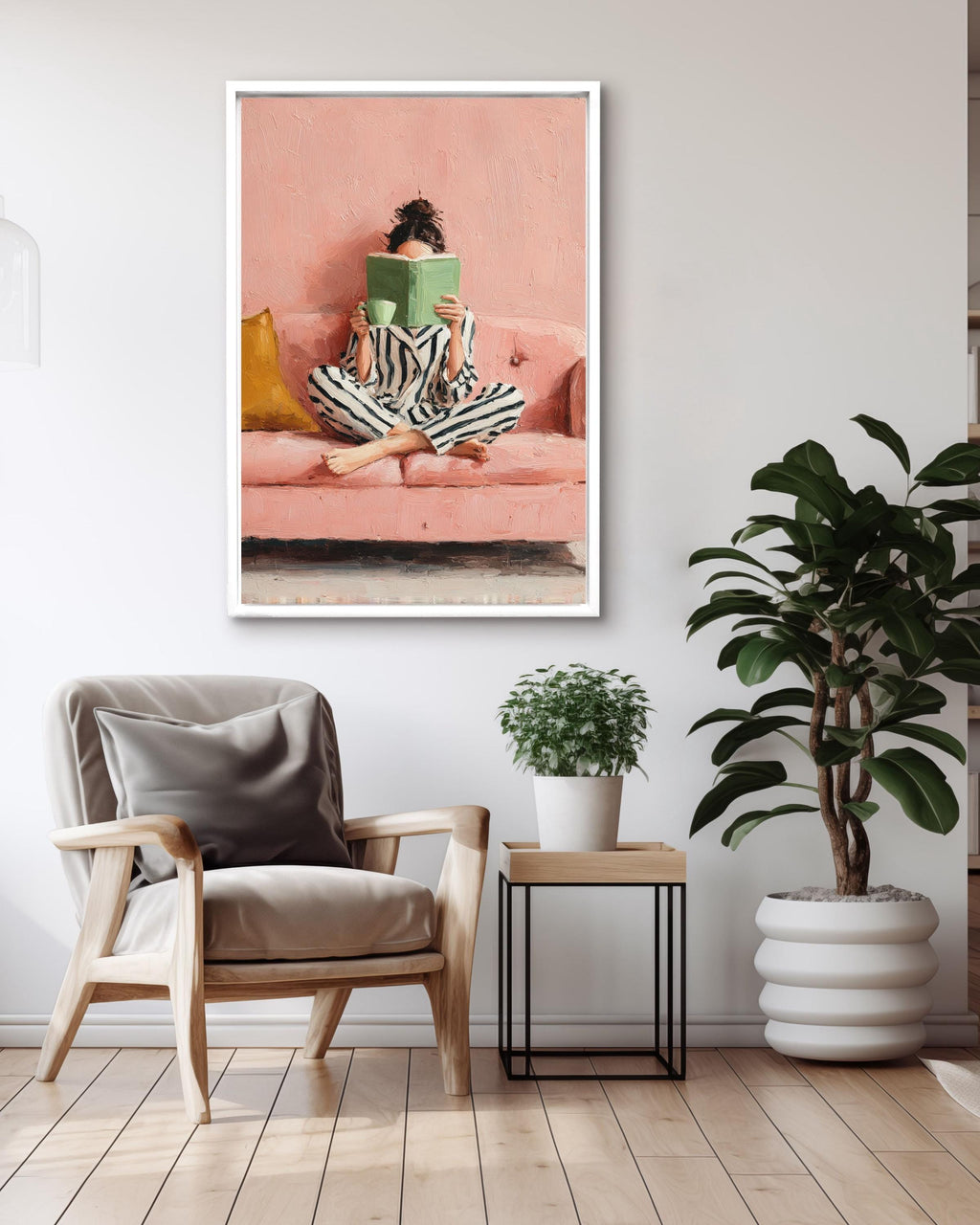 Woman Reading Art Print: Pink Sofa, Striped Pajamas Canvas