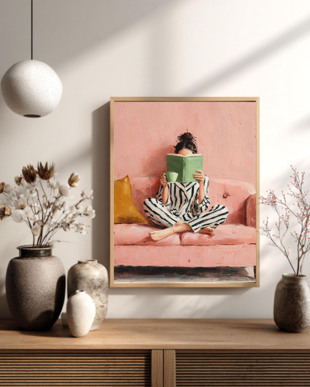 Woman Reading Art Print: Pink Sofa, Striped Pajamas Canvas