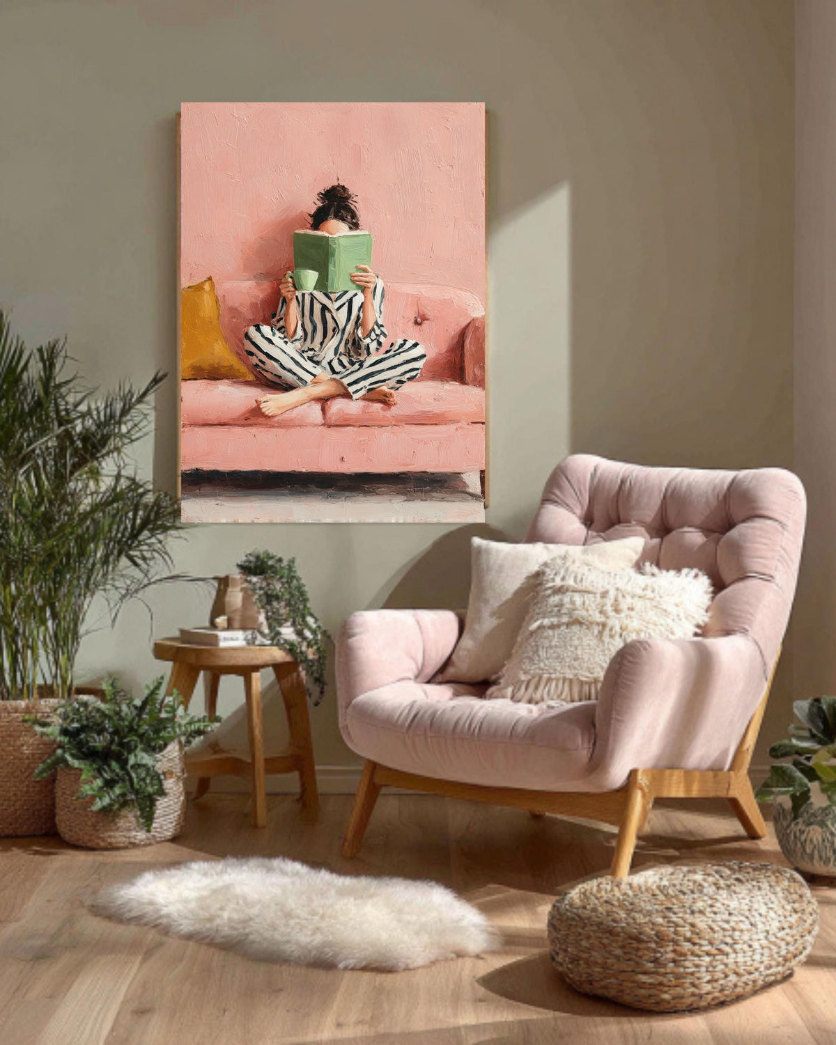 Woman Reading Art Print: Pink Sofa, Striped Pajamas Canvas