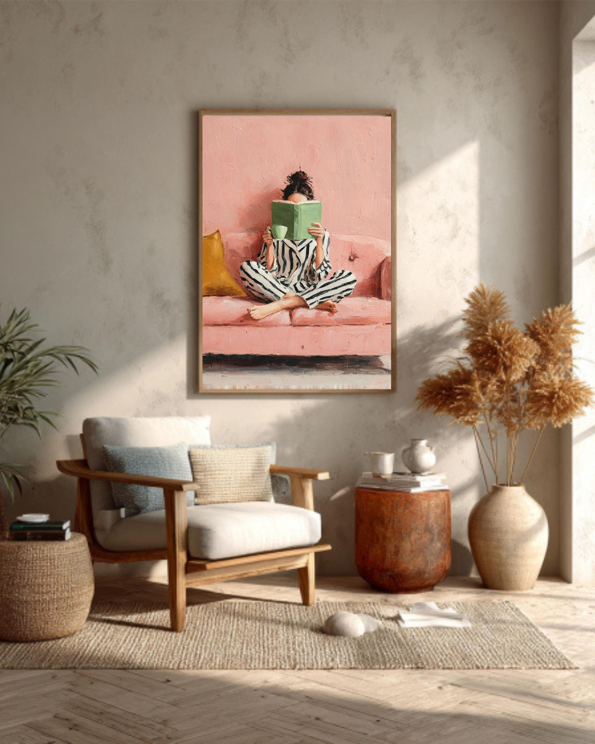 Woman Reading Art Print: Pink Sofa, Striped Pajamas Canvas