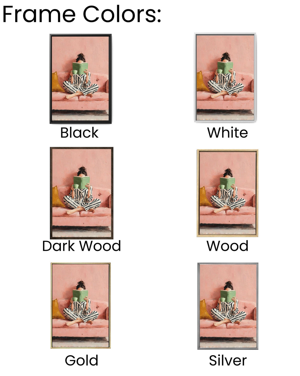 Woman Reading Art Print: Pink Sofa, Striped Pajamas Canvas