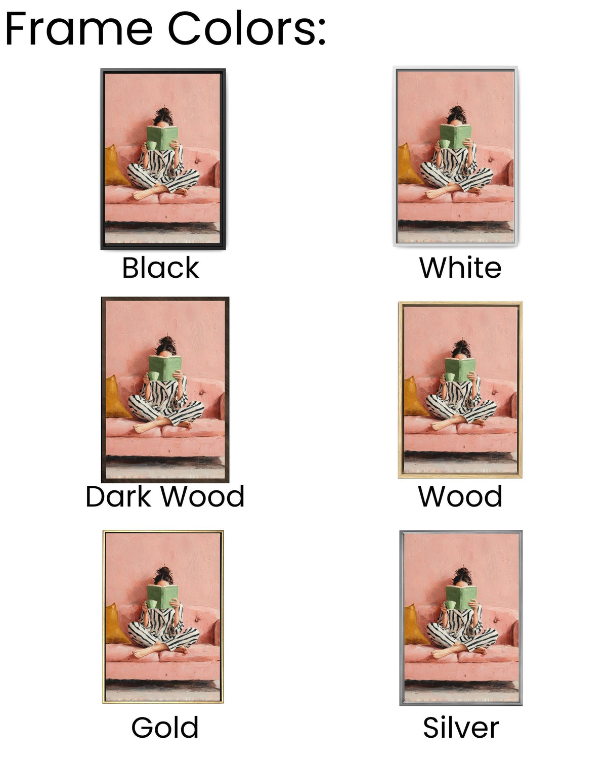 Woman Reading Art Print: Pink Sofa, Striped Pajamas Canvas