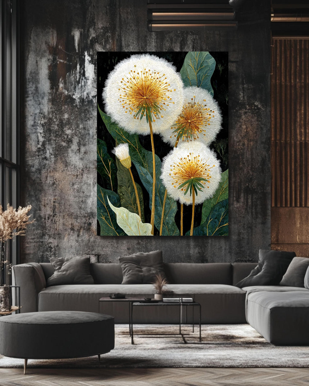 Dandelion Canvas Art Print: Elegant Gold & Black Botanical Decor