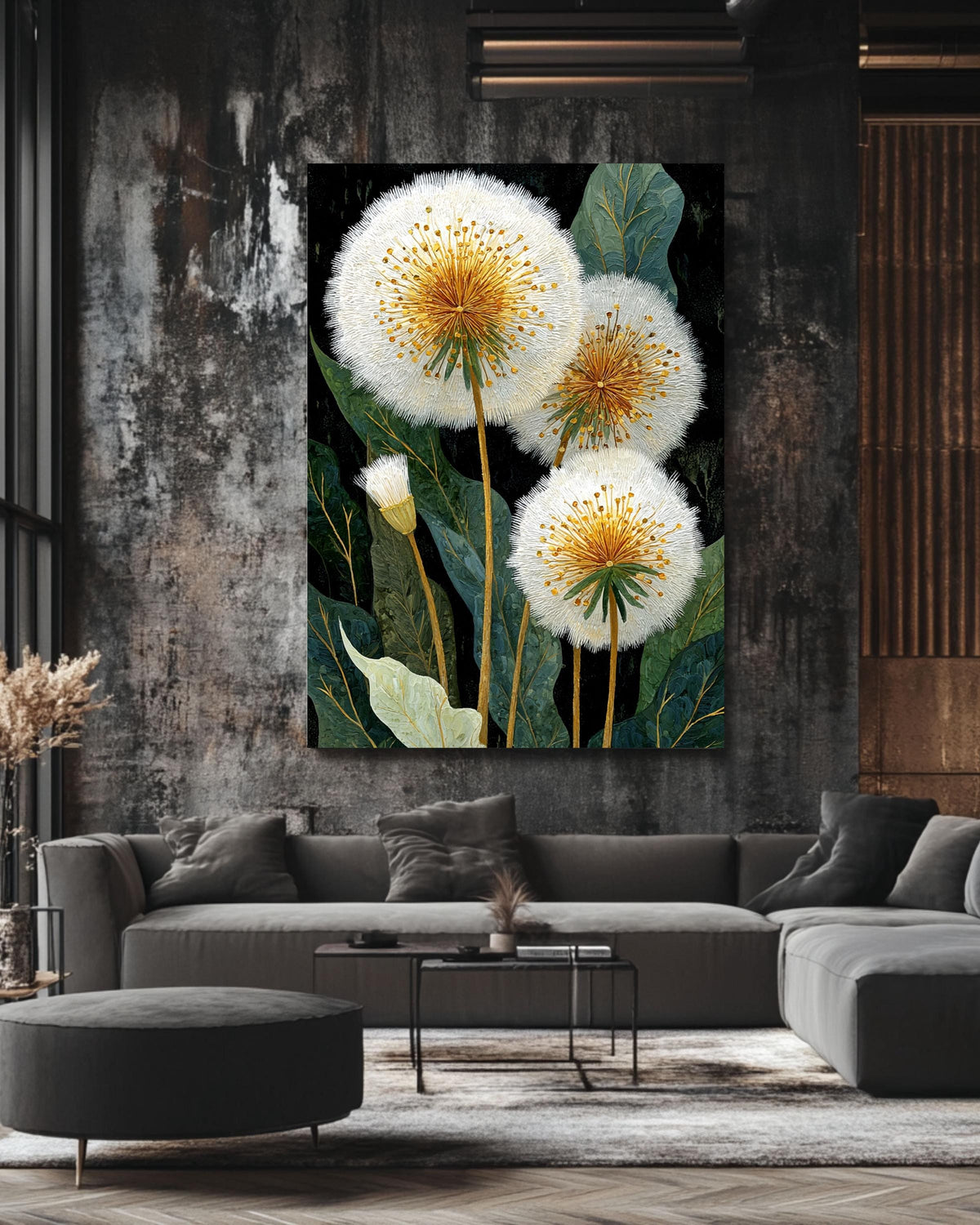 Dandelion Canvas Art Print: Elegant Gold & Black Botanical Decor