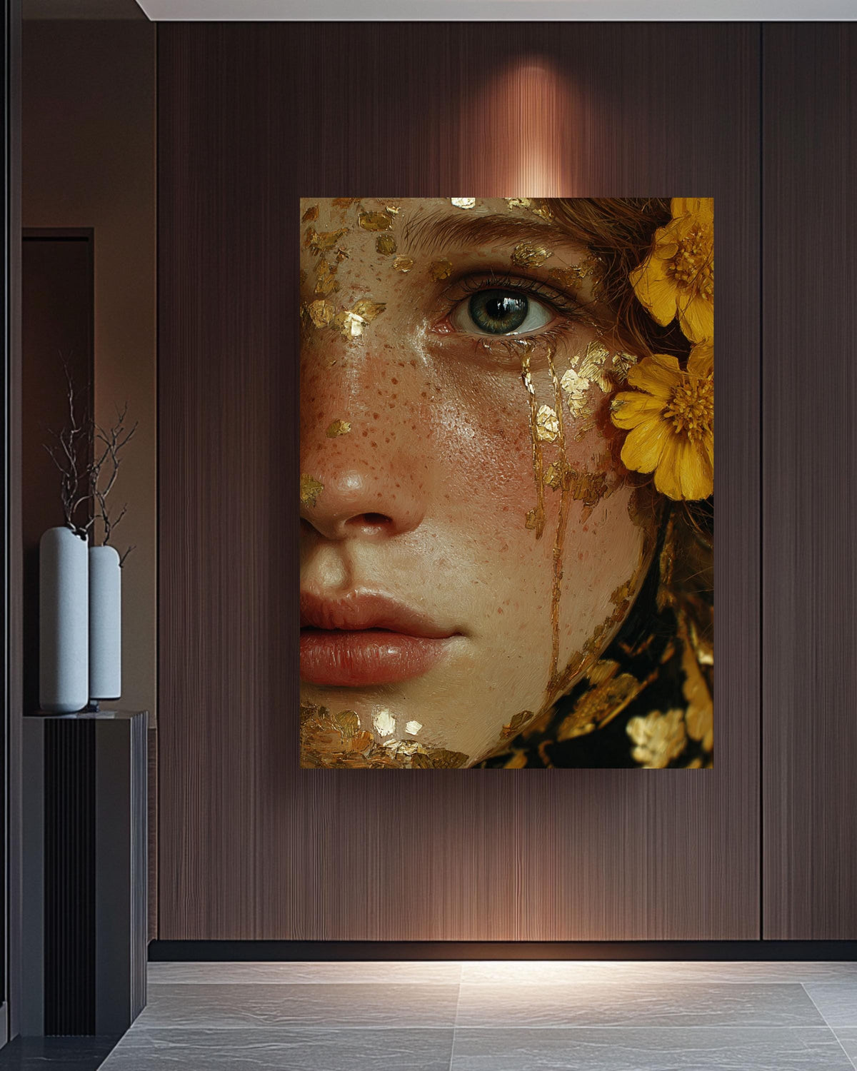 Gold Leaf Tears Woman Portrait: Surreal Canvas Art Print
