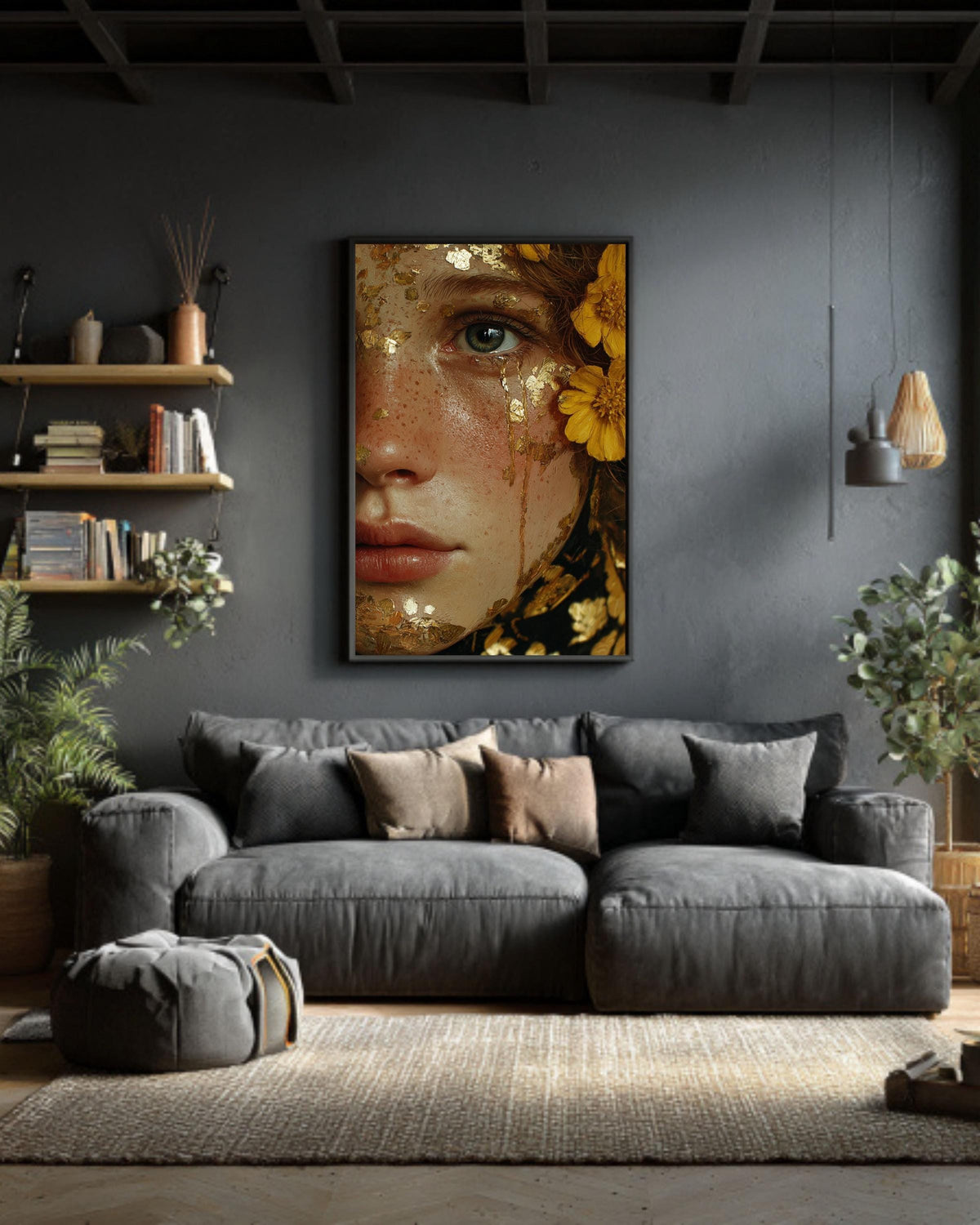Gold Leaf Tears Woman Portrait: Surreal Canvas Art Print