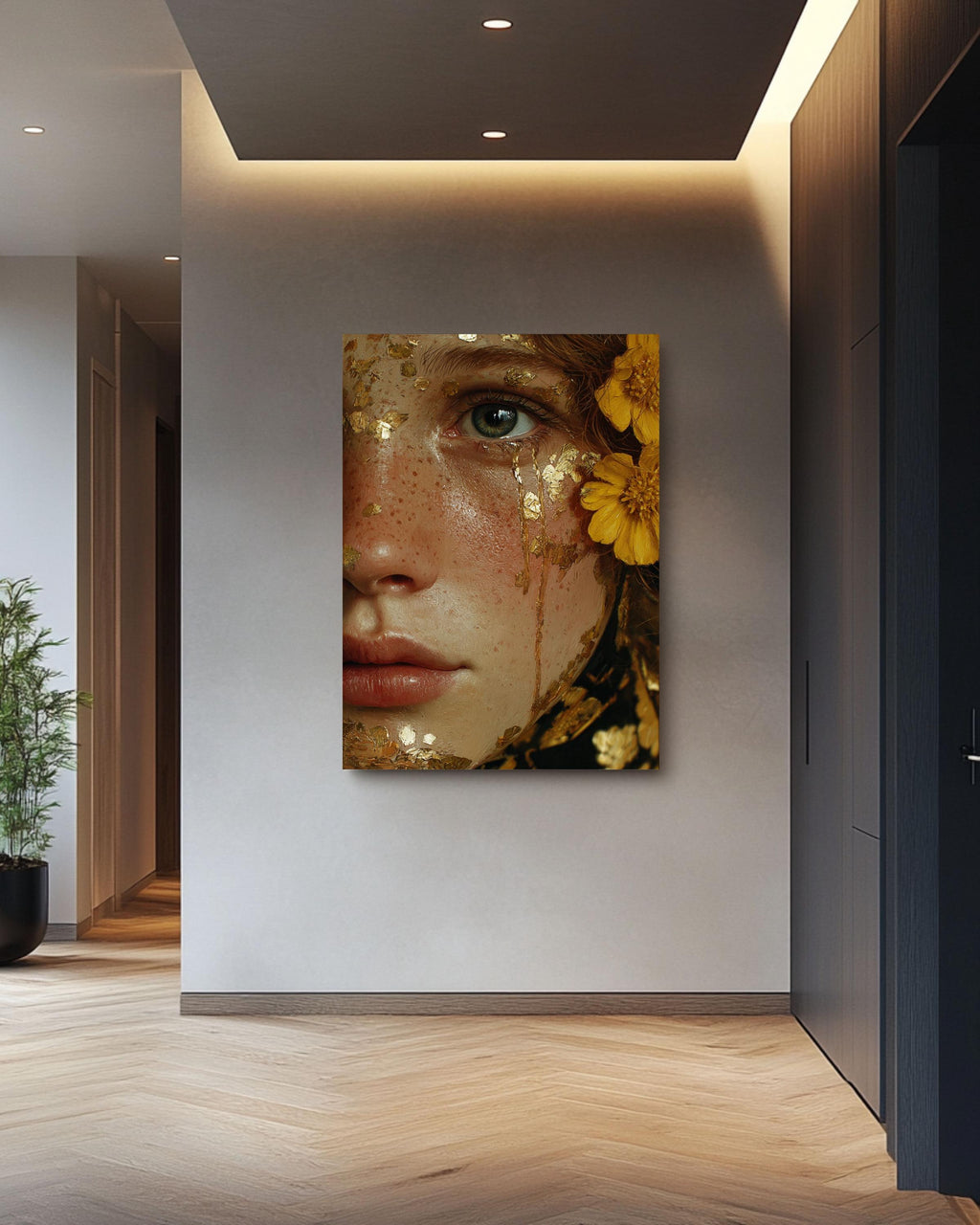 Gold Leaf Tears Woman Portrait: Surreal Canvas Art Print