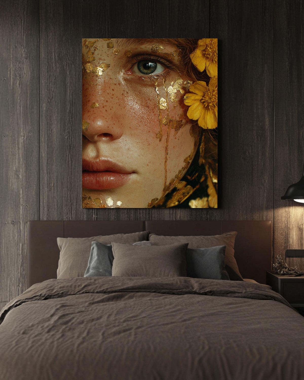 Gold Leaf Tears Woman Portrait: Surreal Canvas Art Print
