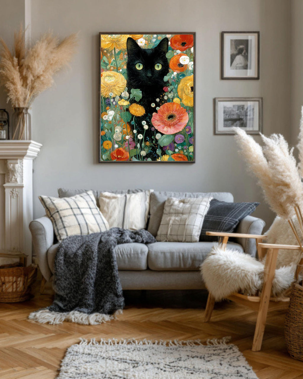 Gustav Klimt Style Black Cat Canvas Print: Maximalist Floral Art