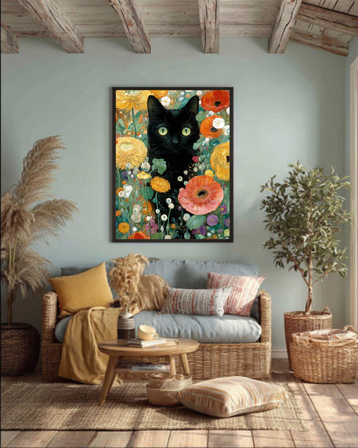 Gustav Klimt Style Black Cat Canvas Print: Maximalist Floral Art
