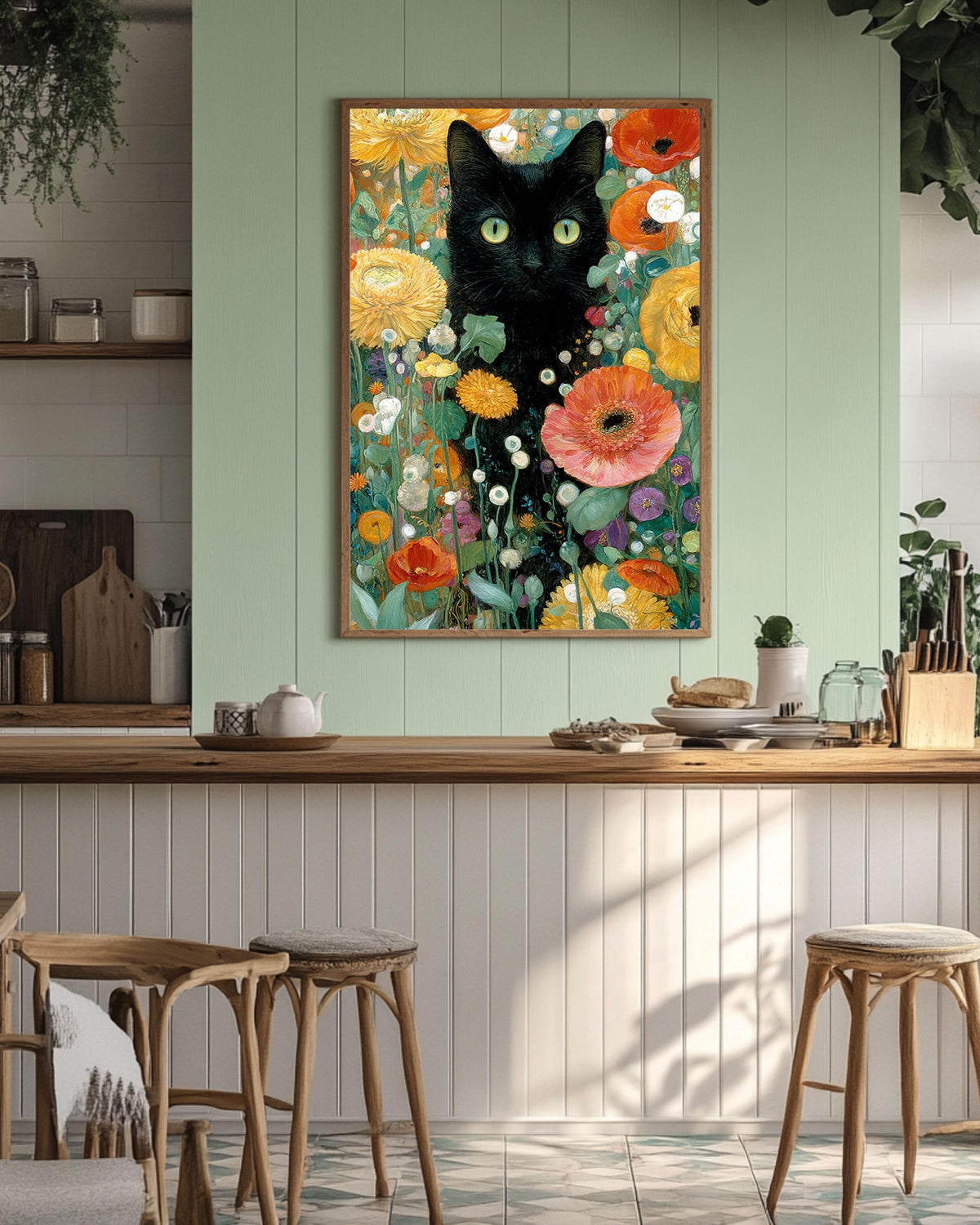 Gustav Klimt Style Black Cat Canvas Print: Maximalist Floral Art