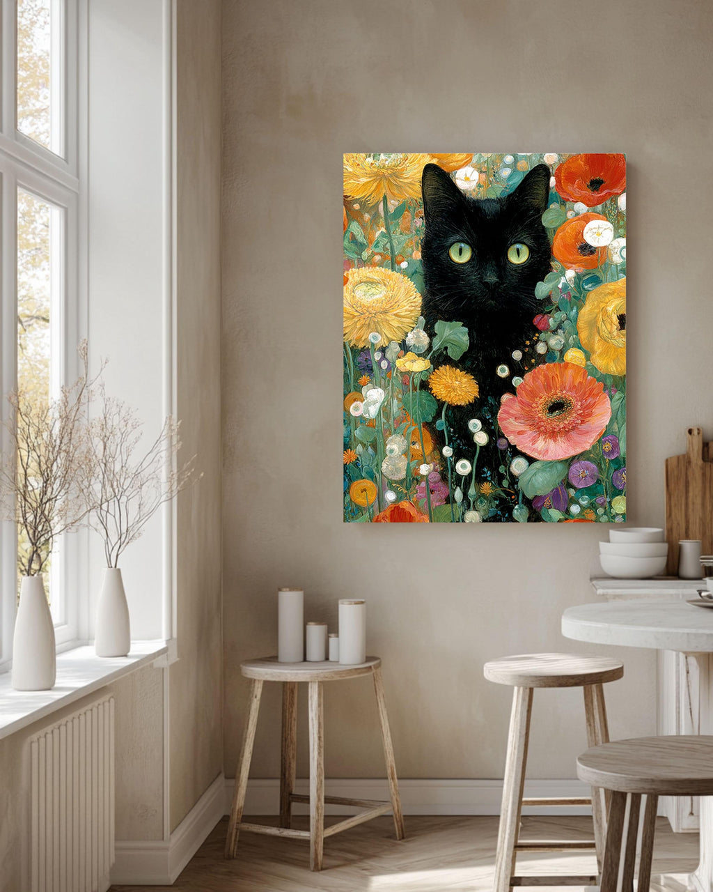 Gustav Klimt Style Black Cat Canvas Print: Maximalist Floral Art