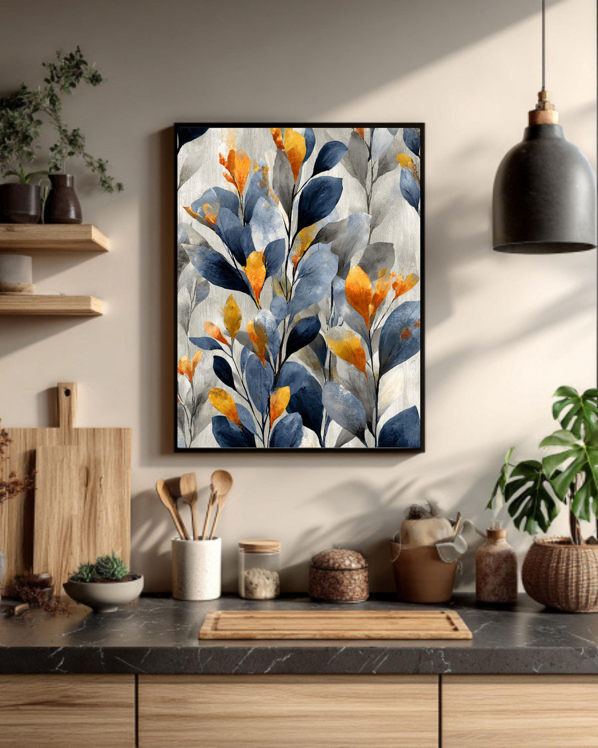 Abstract Botanical Leaf Canvas: Navy Blue & Gold Wallpaper Art
