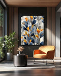 Abstract Botanical Leaf Canvas: Navy Blue & Gold Wallpaper Art