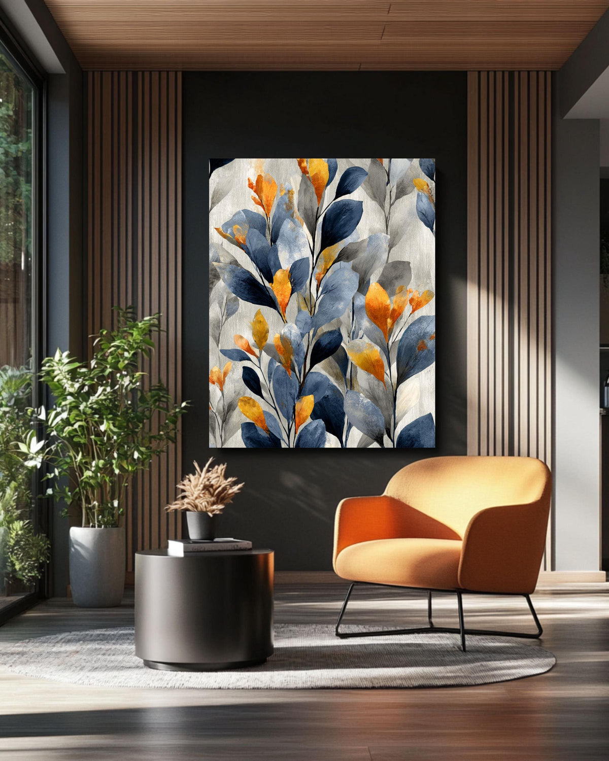Abstract Botanical Leaf Canvas: Navy Blue & Gold Wallpaper Art