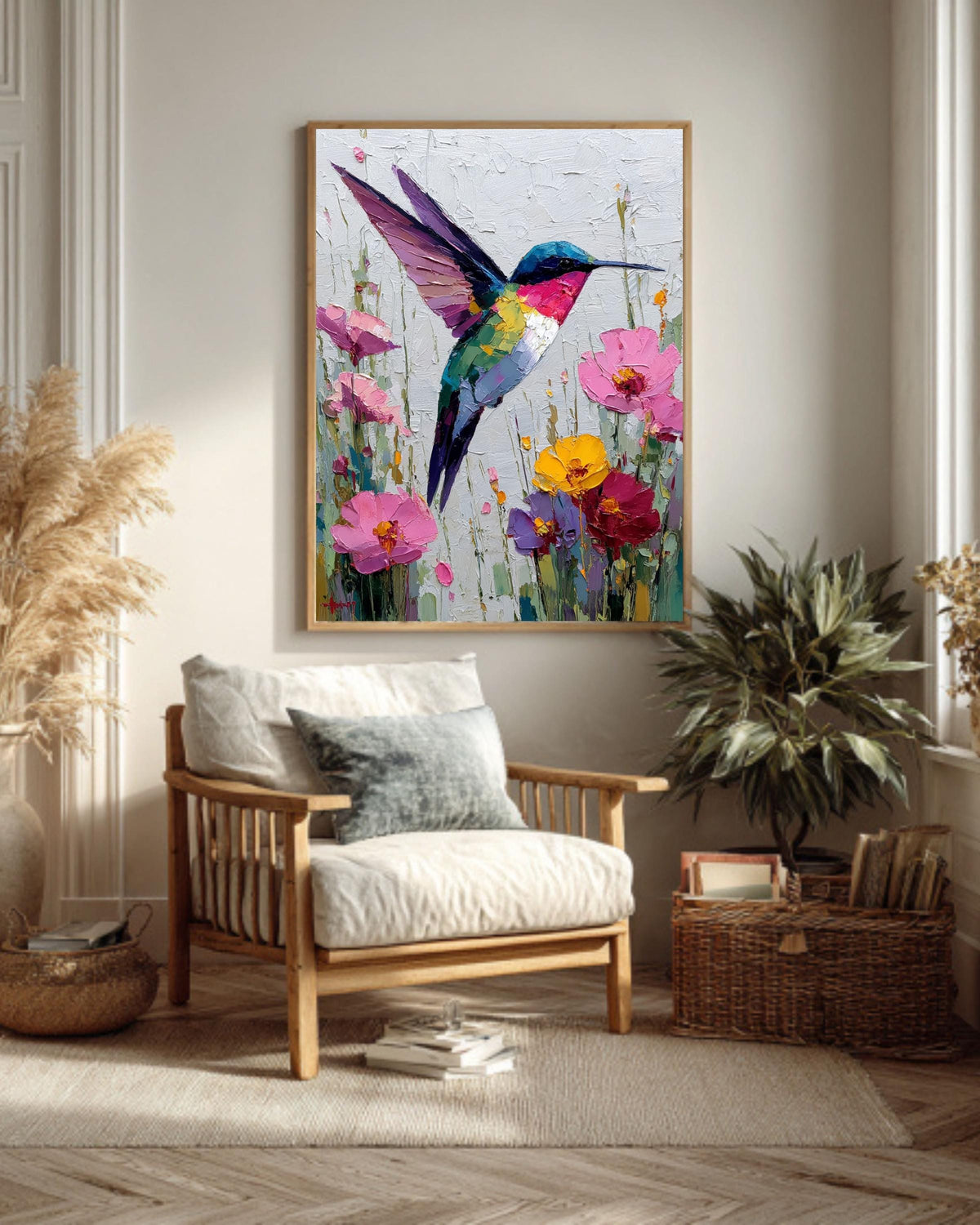 Palette Knife Hummingbird Canvas Print: Textured Floral Oil Painting