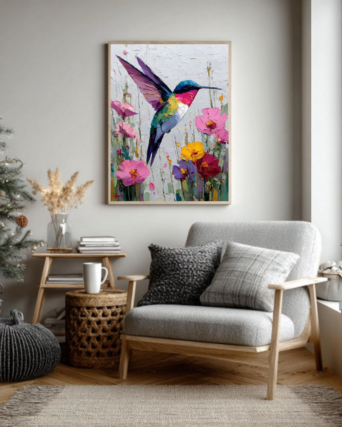 Palette Knife Hummingbird Canvas Print: Textured Floral Oil Painting