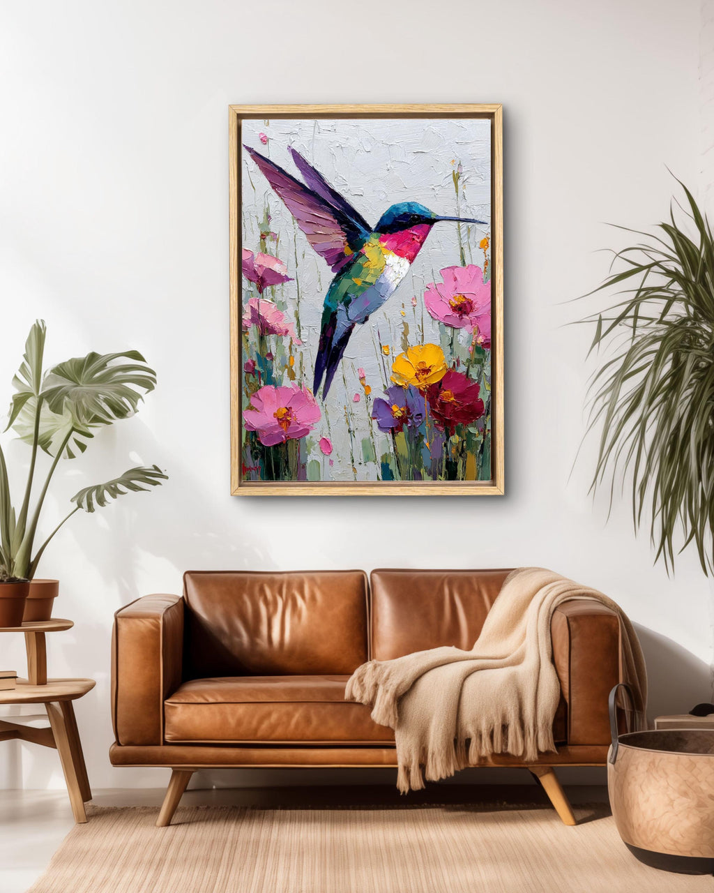 Palette Knife Hummingbird Canvas Print: Textured Floral Oil Painting