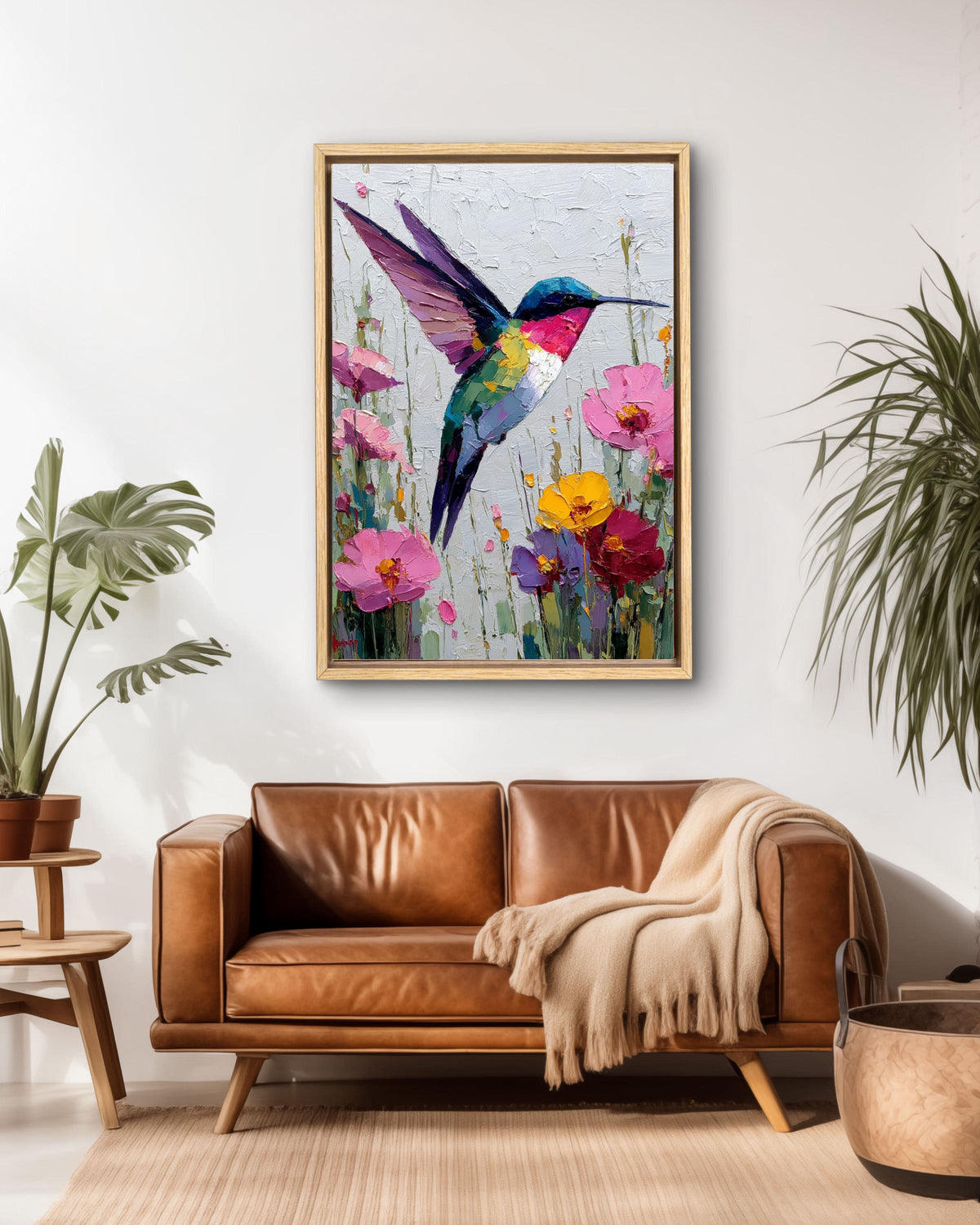 Palette Knife Hummingbird Canvas Print: Textured Floral Oil Painting