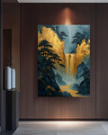 Gold Waterfall Canvas Print: Asian Mountain Temple Style Art